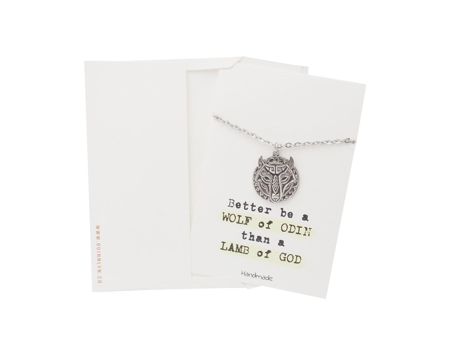 Quinnlyn & Co. Wolf of Odin Pendant Necklace, Handmade Gifts for Women with Inspirational Quote on Greeting Card