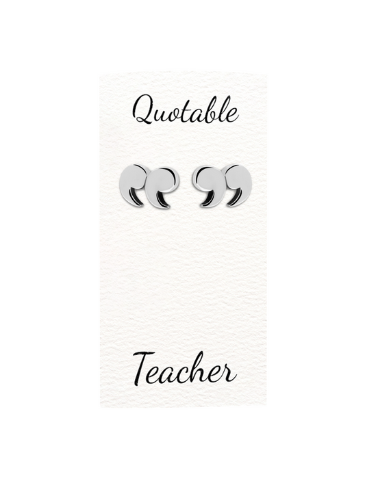 Quinnlyn & Co Silver Quotation Mark Stud Earrings, Appreciation Gift for Teachers, Unique Presents for Readers, Writers and Book Lovers, Bookish Jewelry