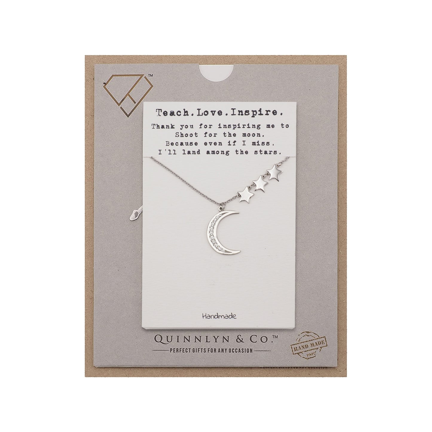 Quinnlyn & Co. 3 Stars and Crescent Moon Pendant Necklace, Teacher's Day Appreciation Gifts with Inspirational Quote on Greeting Card