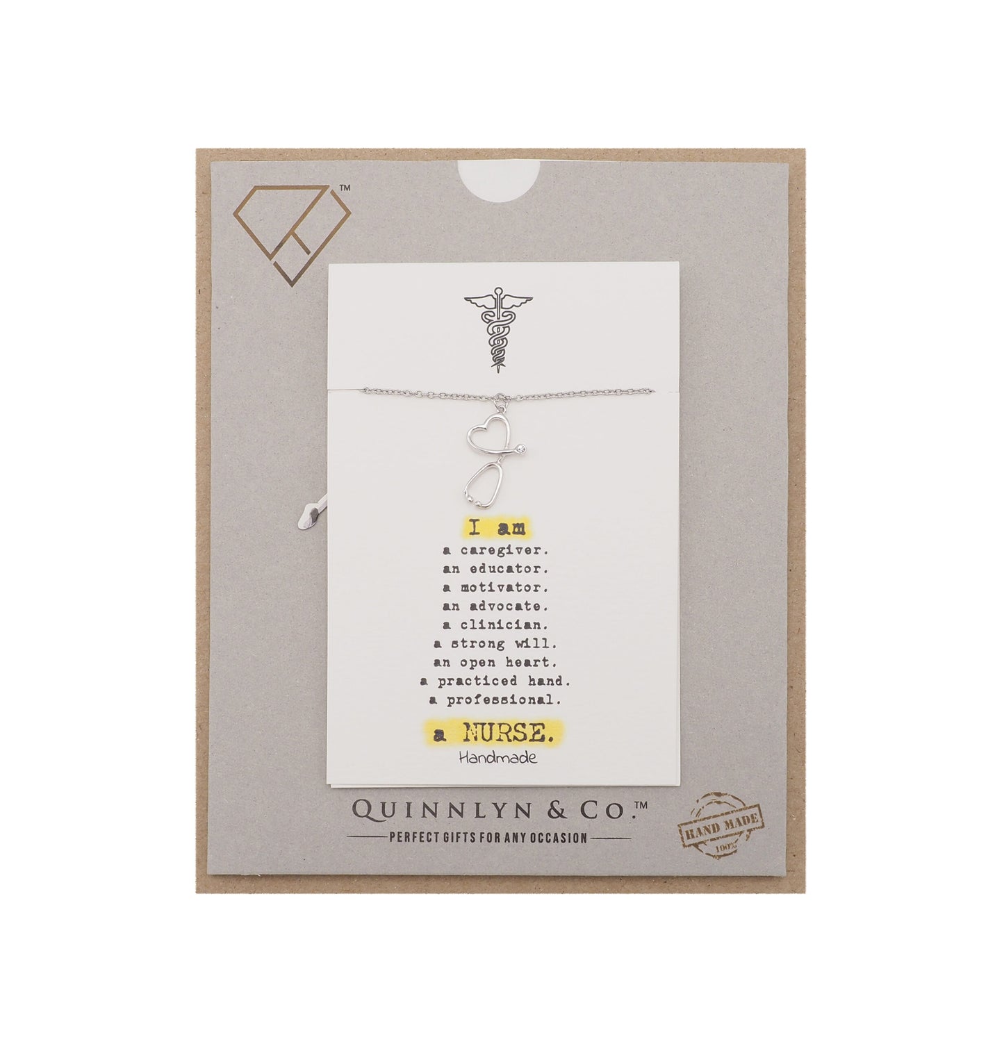 Quinnlyn & Co. Stethoscope Heart Pendant Necklace, Gifts for Nurses and Caregivers with Greeting Card