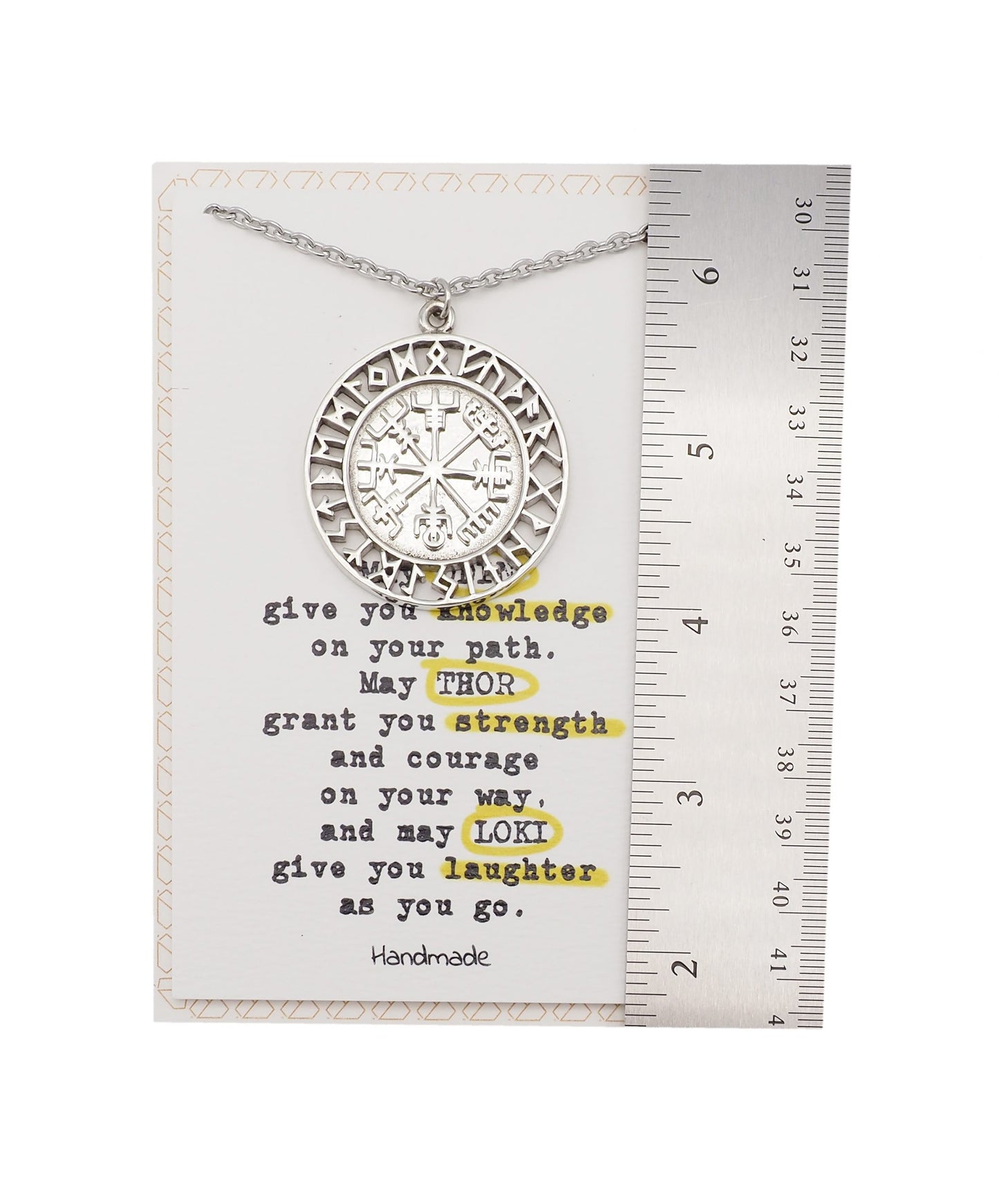 Quinnlyn & Co. Viking Compass Pendant Necklace, Thor Inspired Handmade Gifts for Men with Inspirational Quote on Greeting Card