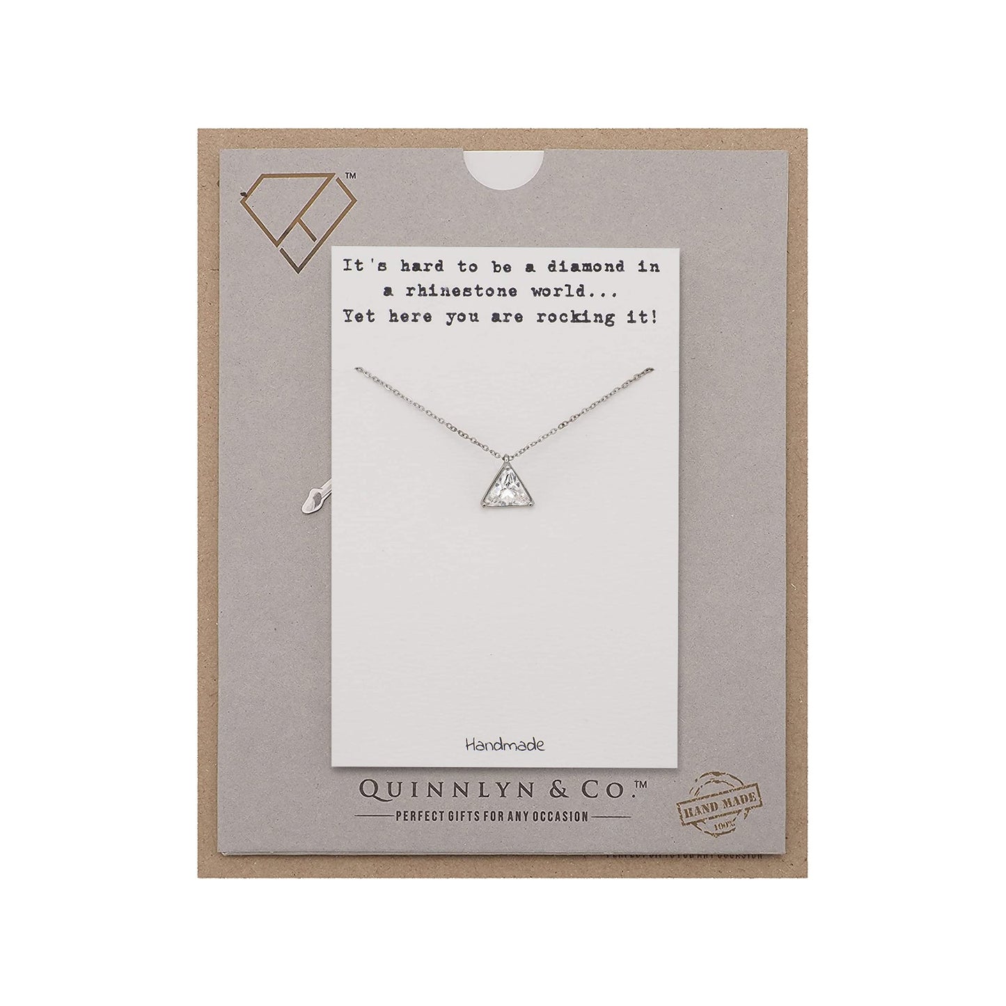 Quinnlyn & Co. CZ Solitaire in Triangle Shape Pendant Necklace, Handmade Gifts for Women with Inspirational Quote on Greeting Card