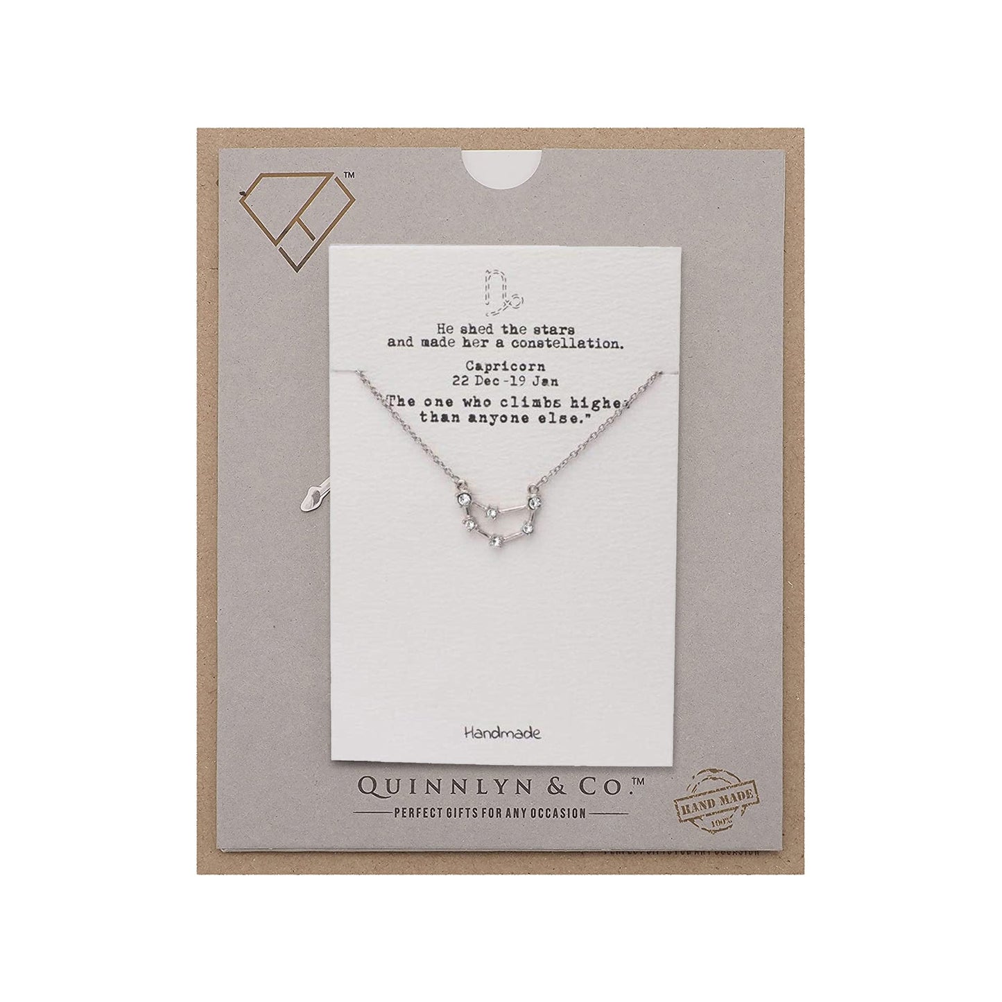 Quinnlyn & Co. Capricorn Zodiac Pattern Swarovzki Pendant Necklace, Birthday Gifts for Women, Teens and Girls with Inspirational Greeting Card