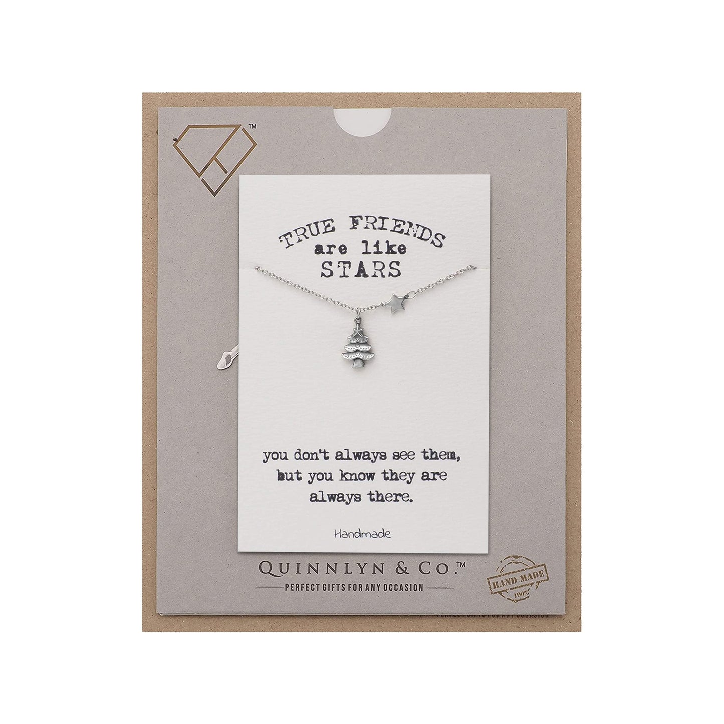 Quinnlyn & Co. Christmas Tree and Star Pendant Necklace, Handmade Gifts for Women with Inspirational Quote on Greeting Card