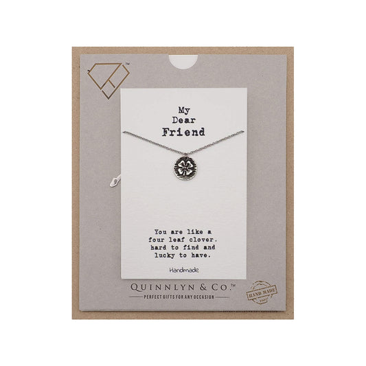Quinnlyn & Co. Four Leaf Clover on Circle Pendant Necklace, Handmade Gifts for Women with Inspirational Quote on Greeting Card