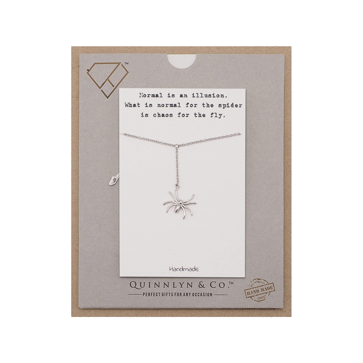 Quinnlyn & Co. Hanging Spiderman Pendant Necklace, Gifts for Women with Inspirational Quote on Greeting Card