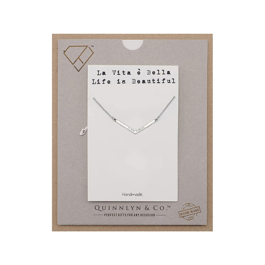 Quinnlyn & Co. La Vita e Bella Engraved Chevron Pendant Necklace, Handmade Gifts for Women with Inspirational Quote on Greeting Card