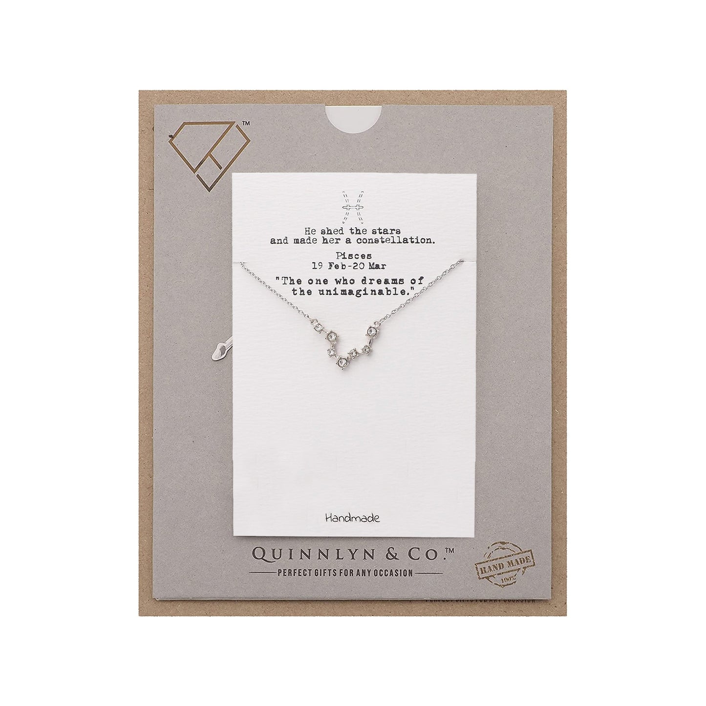 Quinnlyn & Co. Pisces Zodiac Pattern Swarovzki Pendant Necklace, Birthday Gifts for Women, Teens and Girls with Inspirational Greeting Card