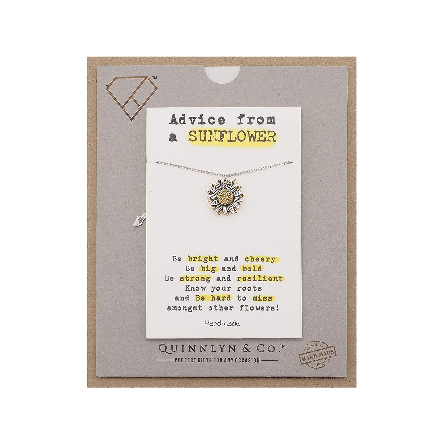 Quinnlyn & Co. Sunflower Pendant Necklace, Handmade Gifts for Women with Inspirational Quote on Greeting Card