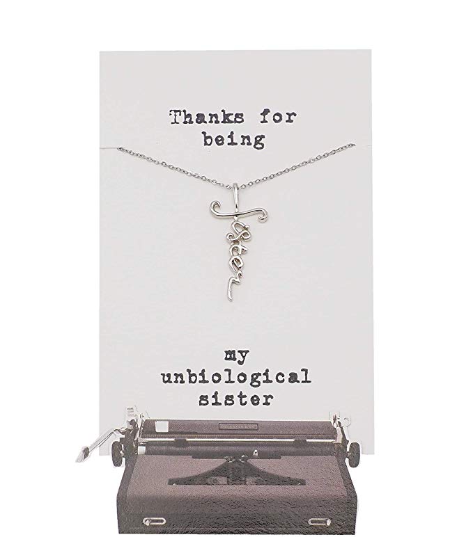 Quinnlyn - Unbiological - Sister - Cursive - Cross - Pendant - Card - Appreciation